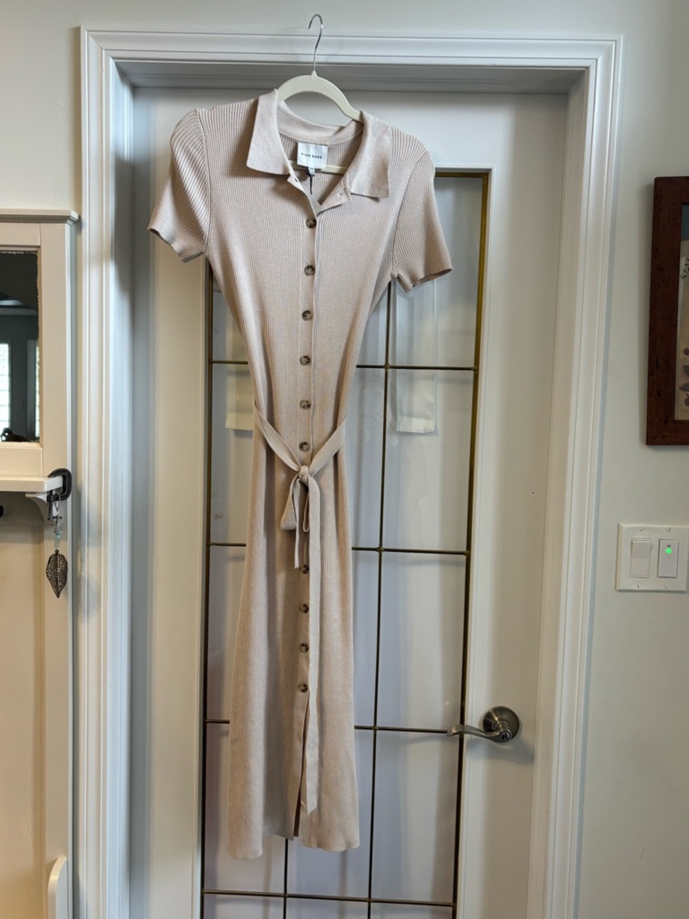 Pink Rose Brand Button-Front Collared Midi Dress in Light Beige